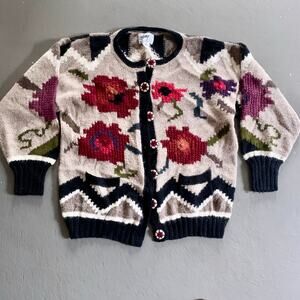 Vintage Handknit Alpaca Wool Floral Grandma Sweater Hallet Medium